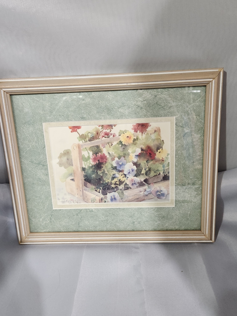Gold-Tone Framed Floral Watercolor with Sage Green Mat